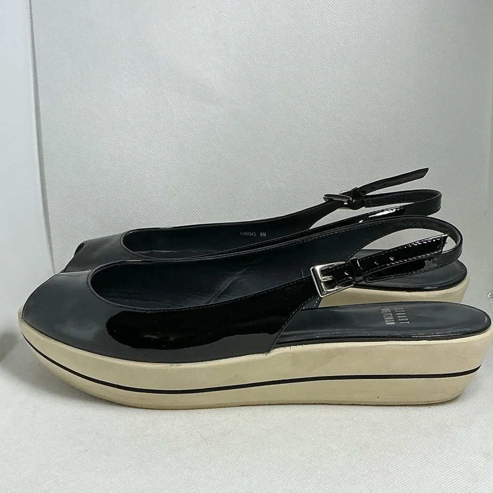 Stuart Weitzman Black Patent Platform Wedge Slingback Sandals Size 9 - Picture 3 of 15